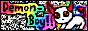 site button for demon-boy on neocities. The button features an autism creature with a devil tail and horns, and flashing rainbow text reading 'Demon Boy!!' against a background of TV static.
