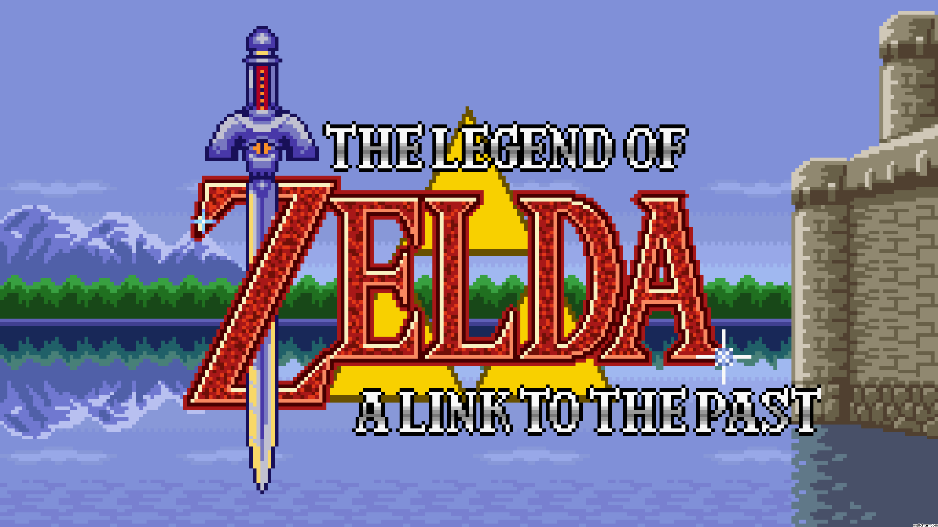 The title screen art from The Legend of Zelda: A Link to the Past. The scene depicts the side of Hyrule Castle with its moat to the left. There are mountains in the distance.