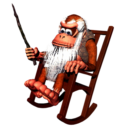 Cranky Kong sitting relaxed in a rocking chair with his cane. He is looking at the viewer.
