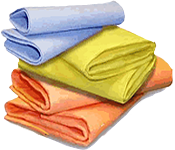 A stack of three Zorbees towels, as sold by Billy Mays. From the bottom up, they are red, yellow, and blue.
